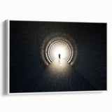 Vintage poster art of architectural tunnels in a black and colorful palette, framed canvas, ideal for living room decor.