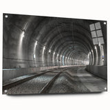 Large abstract wall art on acrylic glass depicting geometric tunnels in gray and silver tones.