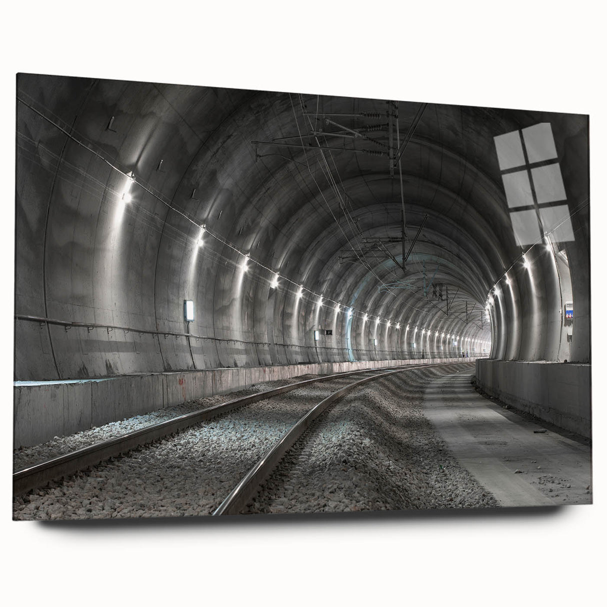 Large abstract wall art on acrylic glass depicting a geometric tunnel design in monochrome shades.