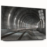 Large abstract wall art on acrylic glass depicting a geometric tunnel design in monochrome shades.