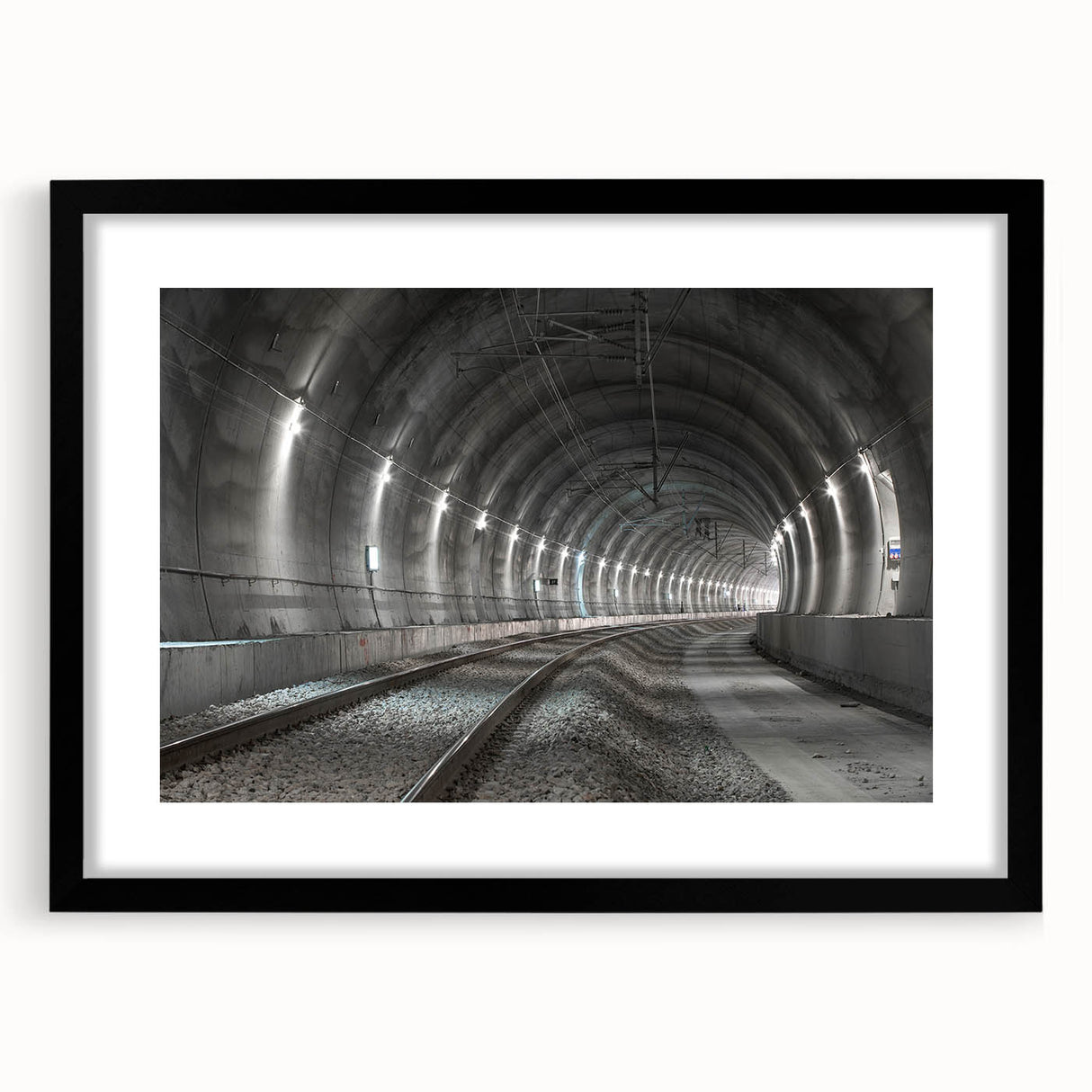 Extra large abstract art print featuring colorful, textured tunnel designs, framed in black, suitable for living room decor.