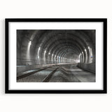Extra large abstract art print featuring colorful, textured tunnel designs, framed in black, suitable for living room decor.