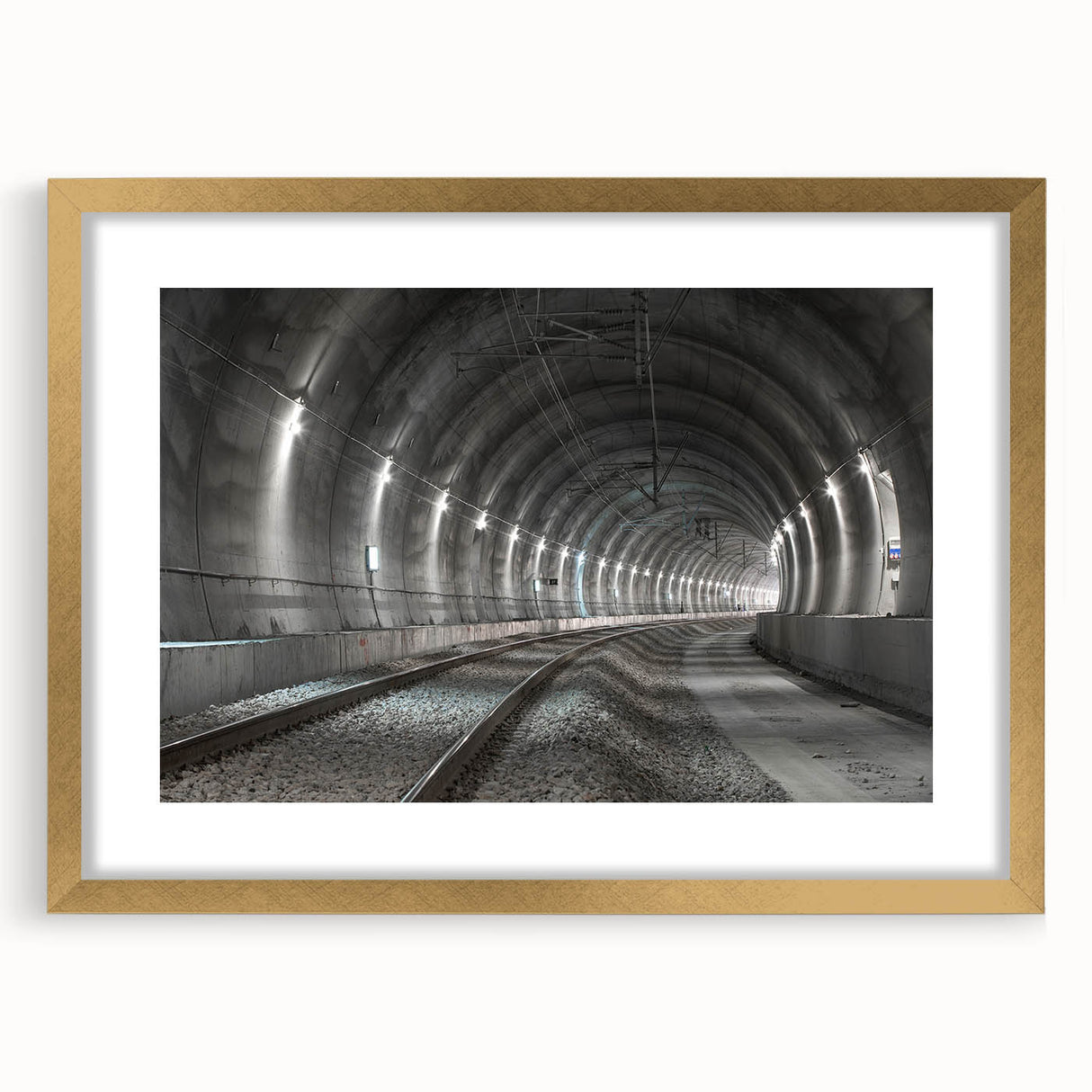 Extra large abstract art print featuring a textured tunnel design in muted gray and gold tones, framed with a gold mat.