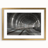 Extra large abstract art print featuring a textured tunnel design in muted gray and gold tones, framed with a gold mat.