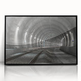 Large abstract wall art featuring a tunnel design in black and gray tones, framed acrylic.