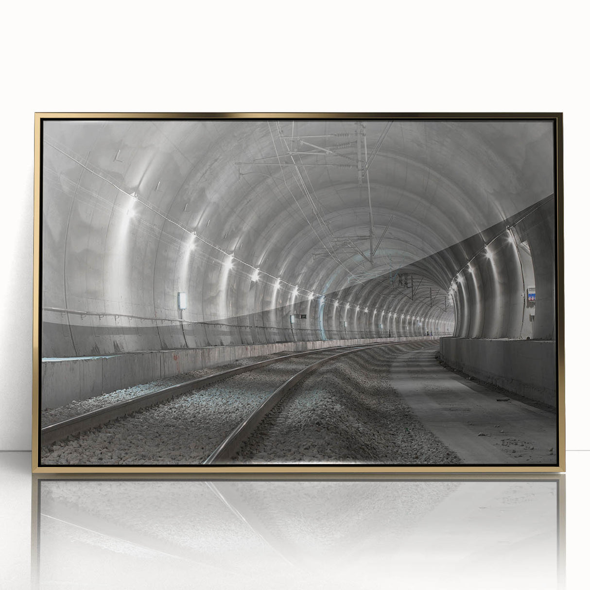 Mid-century modernist acrylic print of architectural tunnels in gold tones, ideal for modern art wall decor.