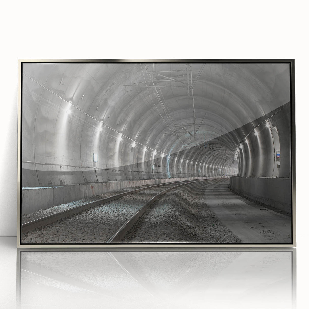 Mid-century modernist art depicting architectural tunnels in muted gray, framed acrylic, suitable for modern art wall decor.