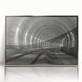 Mid-century modernist art depicting architectural tunnels in muted gray, framed acrylic, suitable for modern art wall decor.