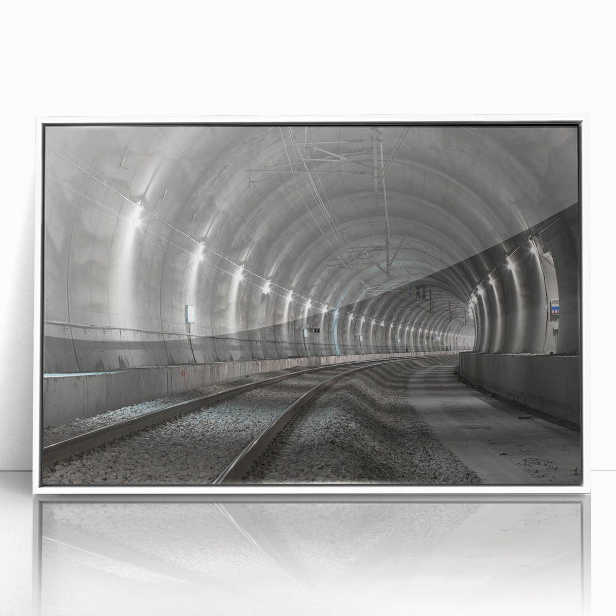 Art deco poster featuring symmetrical tunnel architecture in black and white, acrylic framed.