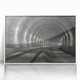 Art deco poster featuring symmetrical tunnel architecture in black and white, acrylic framed.