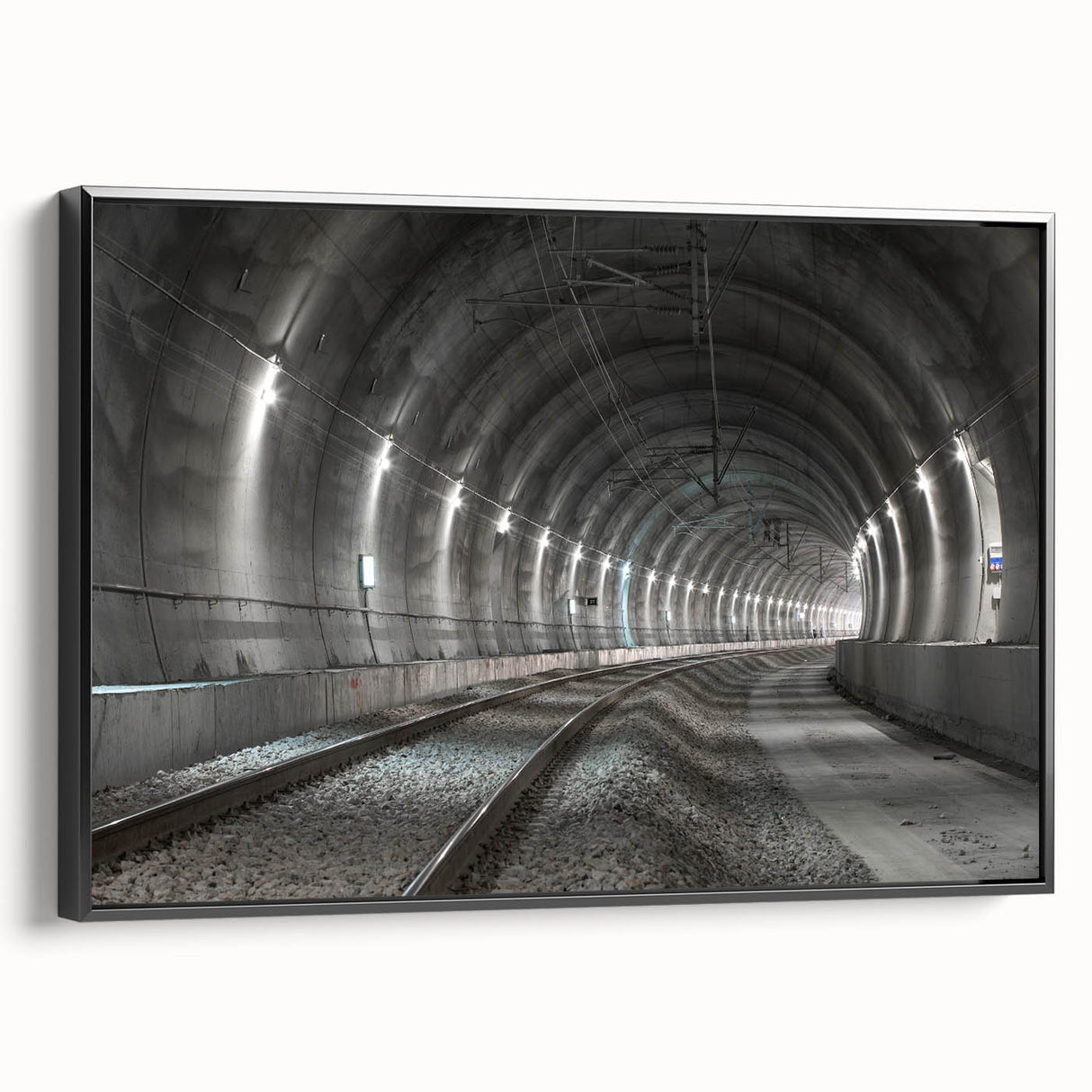 Black and white framed canvas of a tunnel landscape, in vintage poster style, ideal for bedroom wall art.
