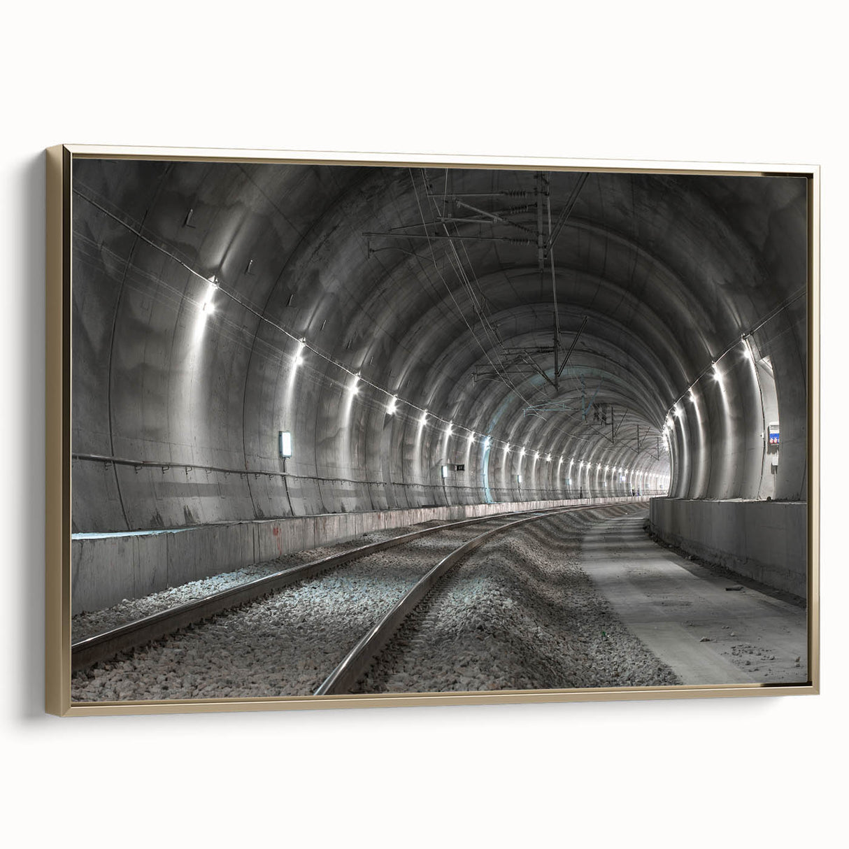 Framed canvas featuring a black and gold vintage poster art of architectural tunnels, ideal for bedroom wall decor.