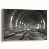 Framed canvas featuring a black and gold vintage poster art of architectural tunnels, ideal for bedroom wall decor.