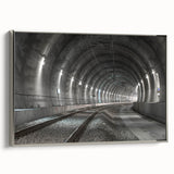 Framed canvas displaying a vintage-style landscape with a tunnel in muted silver and black tones, ideal for office decor.
