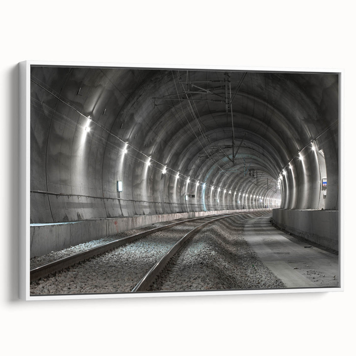 Framed canvas vintage poster art of colorful abstract tunnels, ideal for modern living room decor.