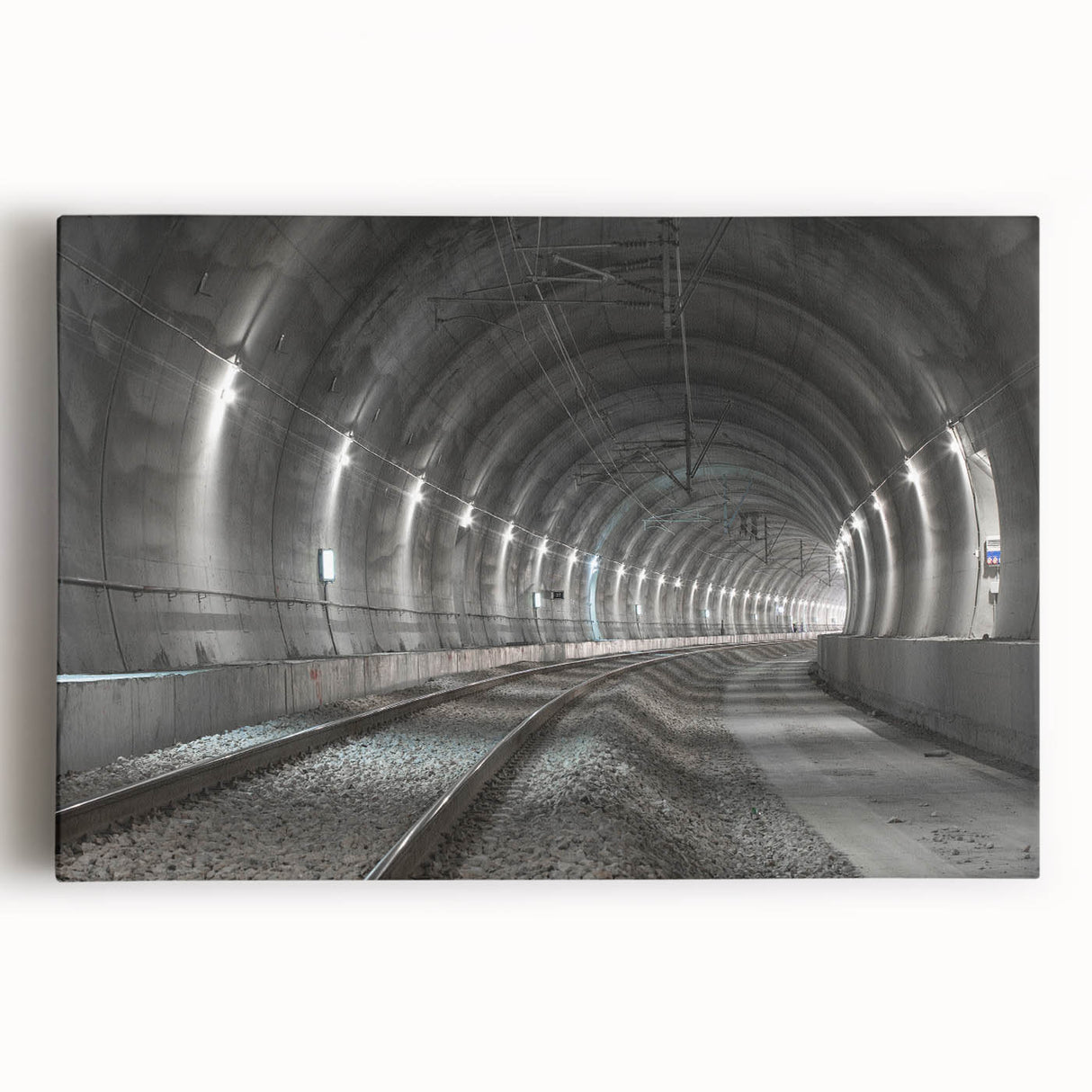 Black and white photo of architectural tunnels on stretched canvas, ideal for kitchen wall art.
