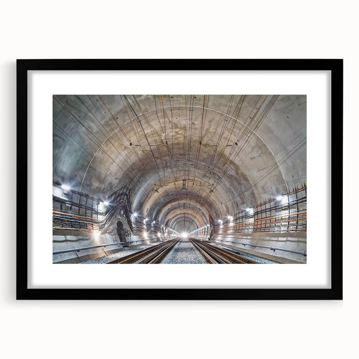 Extra large abstract art print featuring a colorful, textured depiction of architectural tunnels, in a black frame with mat.