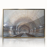 Large abstract wall art featuring curving golden tunnels on acrylic, framed, ideal for modern living room decor.