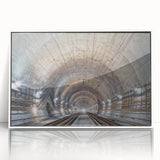 Mid-century modernist tunnel design in muted tones on framed acrylic, suitable for modern art wall decor.