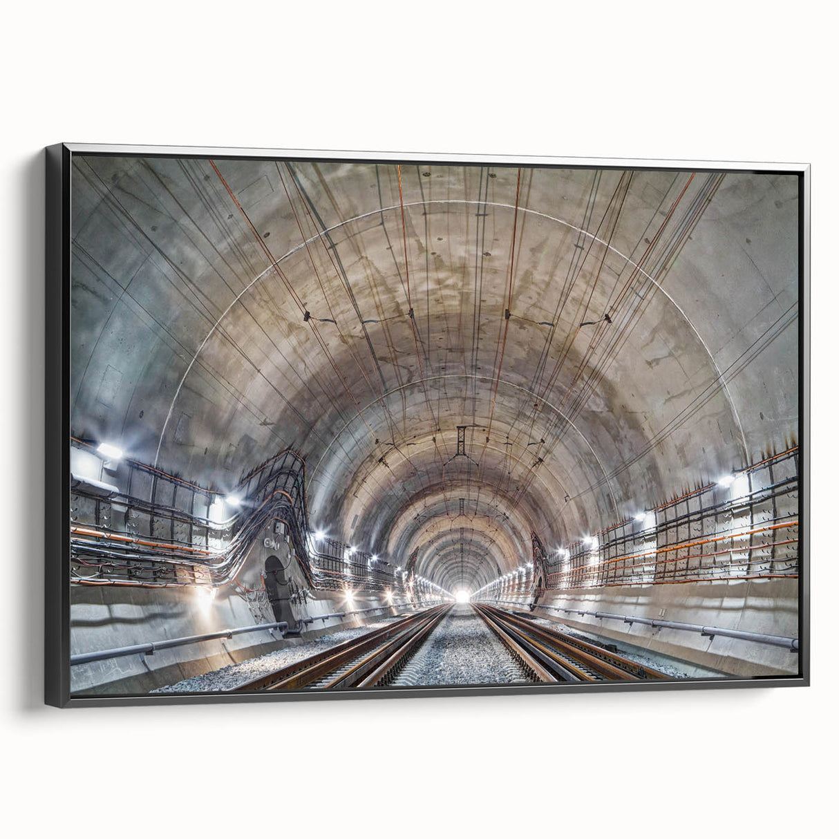 Framed canvas featuring a black and white vintage poster art of architectural tunnels, ideal for bedroom wall decor.