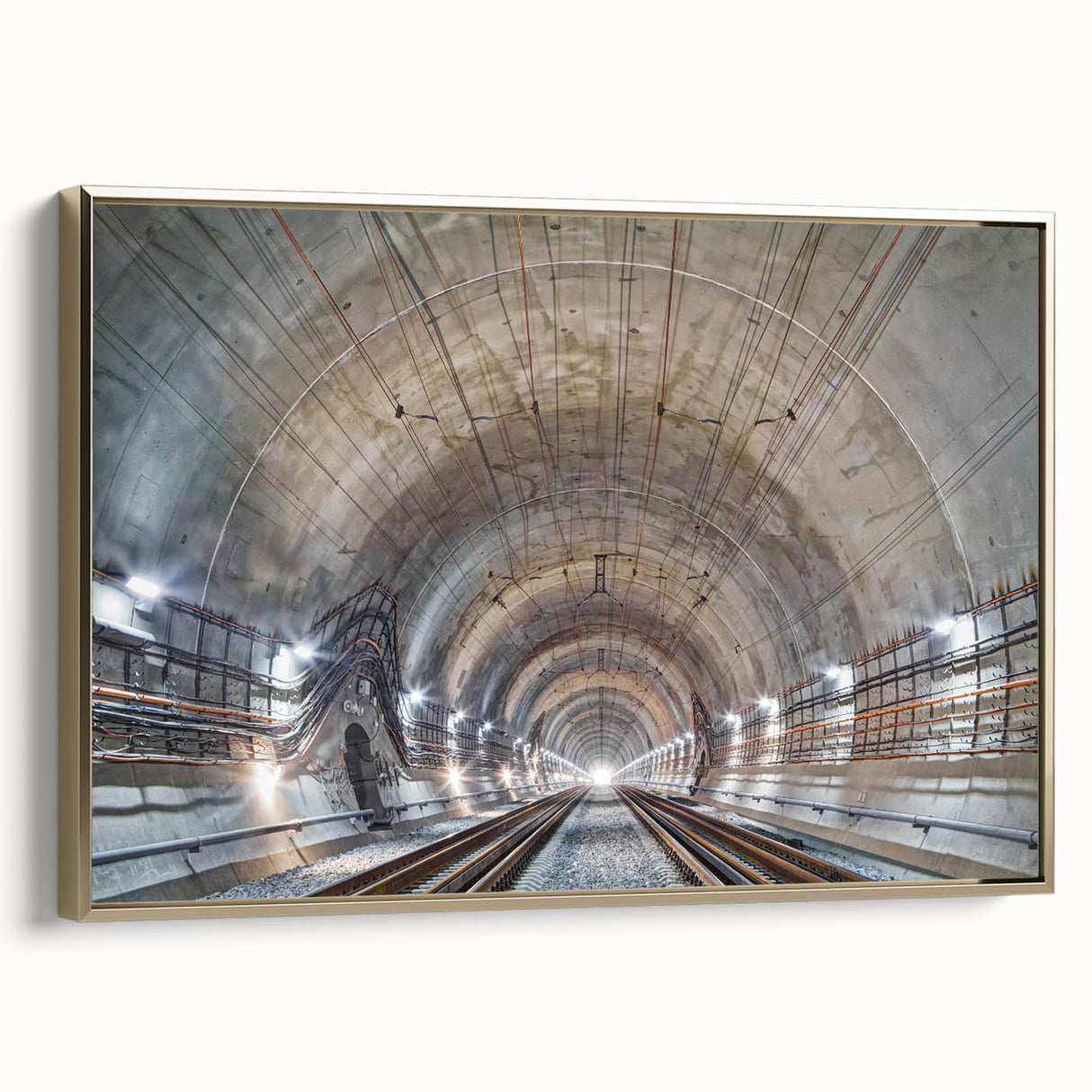 Framed canvas featuring a vintage poster of a black and gold tunnel design, ideal for bedroom wall art.