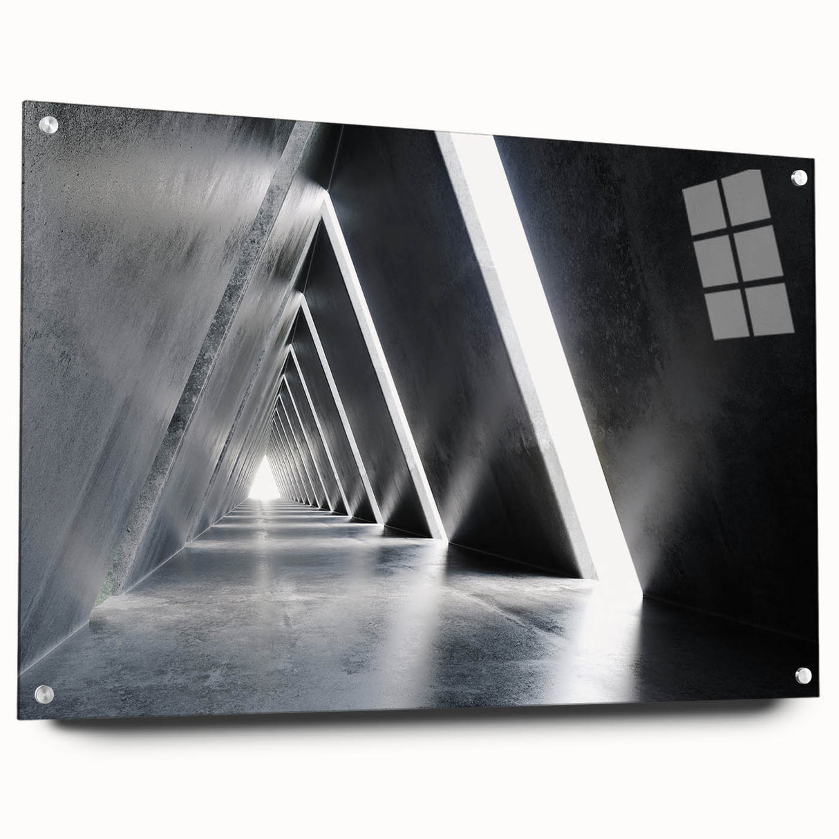 Large abstract wall art on acrylic glass depicting multicolored geometric shapes.