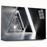 Large abstract wall art in muted gray and blue tones on acrylic glass, ideal for modern bedroom or dining room ambiance.