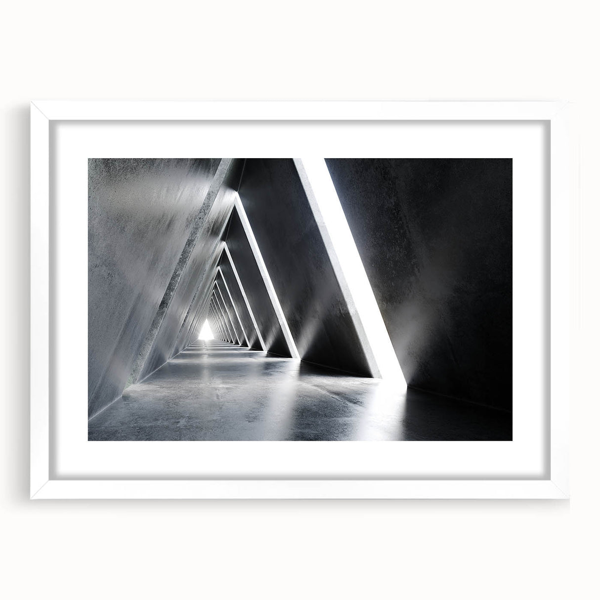 Abstract art print of architectural tunnels in muted gray, framed in white, ideal for dining room decor.