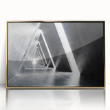Mid-century modernist tunnel architecture in gold tones on framed acrylic, suitable for modern art wall decor.
