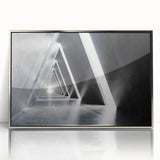 Mid-century modernist acrylic print of architectural tunnels in silver frame, suited for modern art wall decor.