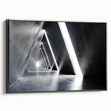 Black and white framed canvas featuring a vintage poster art style landscape of architectural tunnels.