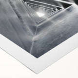 Art deco poster of architectural tunnels in muted gray tones on rolled canvas, suitable for dining room wall art.