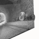 Mid-century modernist acrylic glass wall art featuring abstract tunnel designs in monochrome shades.