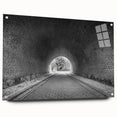Large abstract wall art on acrylic glass featuring a tunnel design in muted monochrome.