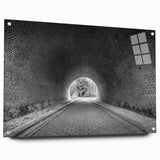 Large abstract wall art on acrylic glass featuring a tunnel design in muted monochrome.