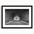 Extra large abstract art print featuring a colorful, textured tunnel design on a black framed canvas.
