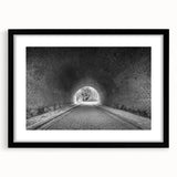 Extra large abstract art print featuring a colorful, textured tunnel design on a black framed canvas.