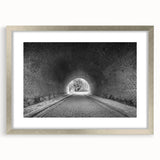 Textured abstract art print in silver frame, featuring a geometric tunnel design in neutral tones.