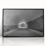 Large abstract wall art featuring a mid-century modernist tunnel design in black and white, framed acrylic.