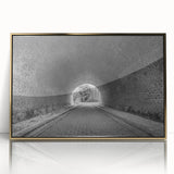 Mid-century modernist acrylic print of architectural tunnels in gold tones, suited for modern art wall decor.