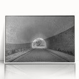 Art deco poster depicting geometric tunnels in black and white, acrylic framed, suitable for modern nursery wall art.