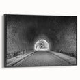 Black and white framed canvas featuring a vintage poster art style landscape of architectural tunnels.