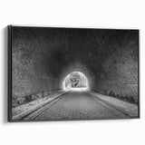 Black and white framed canvas featuring a vintage poster art style landscape of architectural tunnels.