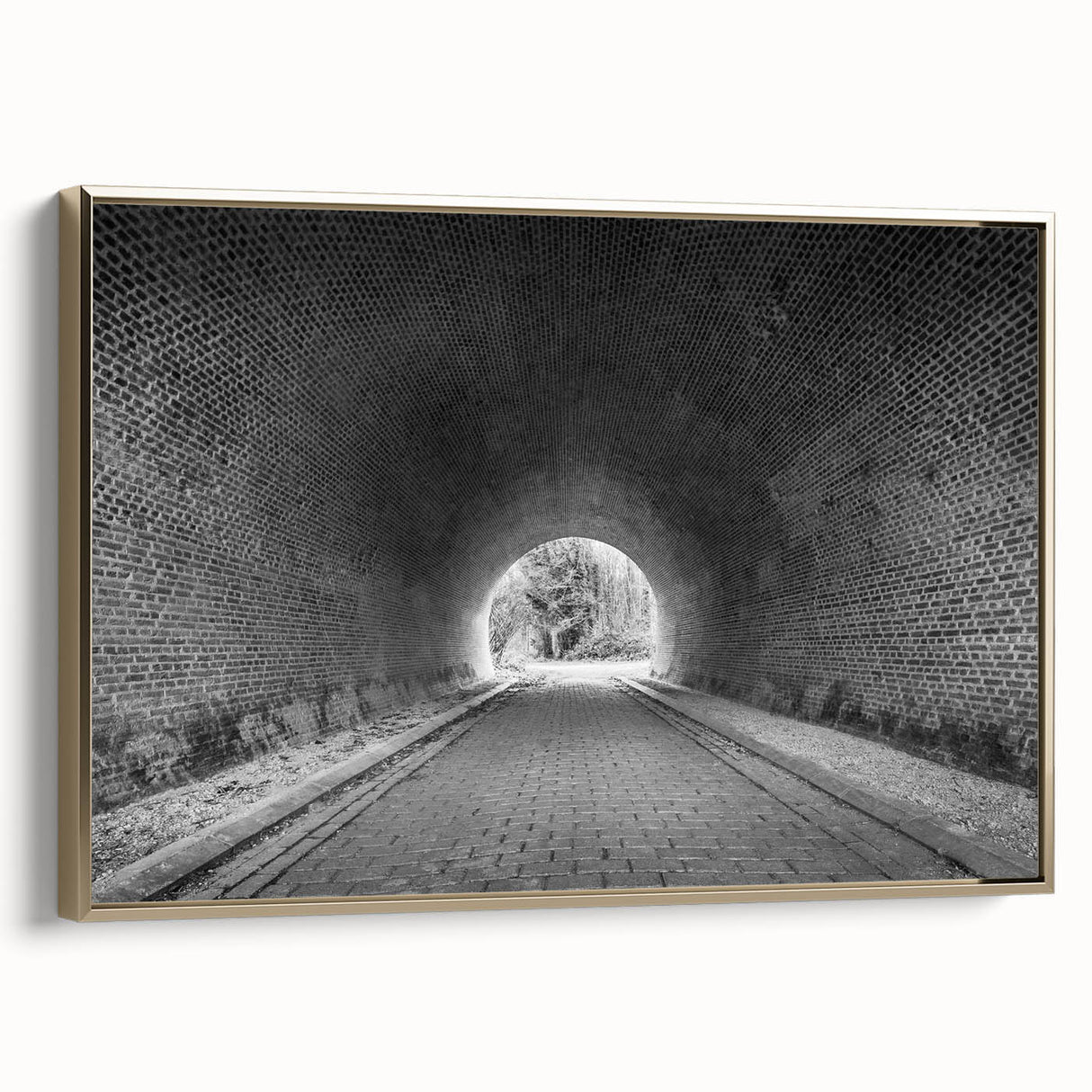 Framed canvas depicting a vintage poster of a black and gold architectural tunnel, ideal for bedroom wall art.