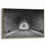 Framed canvas depicting a vintage poster of a black and gold architectural tunnel, ideal for bedroom wall art.