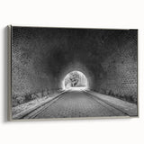 Framed canvas featuring a vintage-style landscape of colorful tunnels in muted tones.