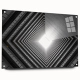 Large abstract wall art on acrylic glass depicting geometric tunnel designs in monochrome.