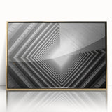 Mid-century modernist acrylic print featuring a geometric tunnel design in gold tones, ideal for modern art wall decor.