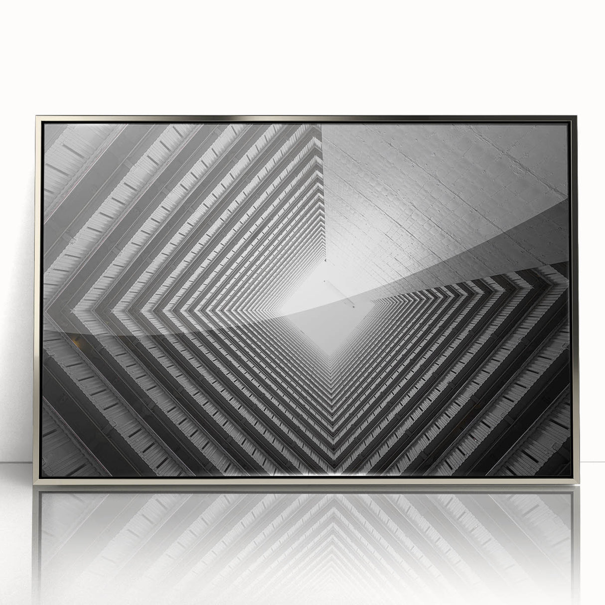 Mid-century modernist tunnel architecture in silver framed acrylic, featuring subdued gray tones.