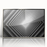 Mid-century modernist tunnel architecture in silver framed acrylic, featuring subdued gray tones.